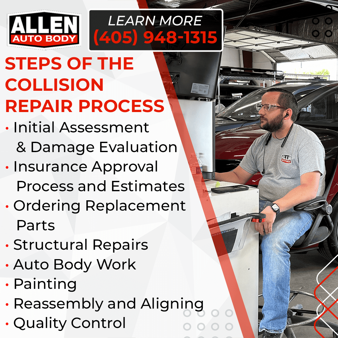 collision repair process steps in bullet form which man using computer software in the background